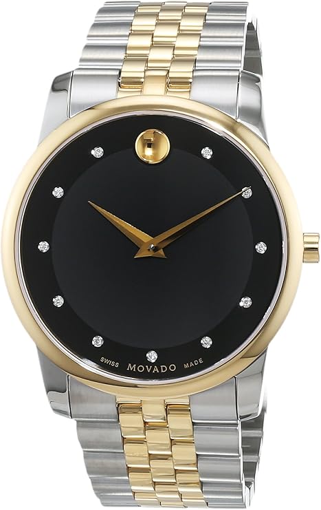 Museum Classic two-tone men's watch with black dial, diamond markers, and gold Movado logo