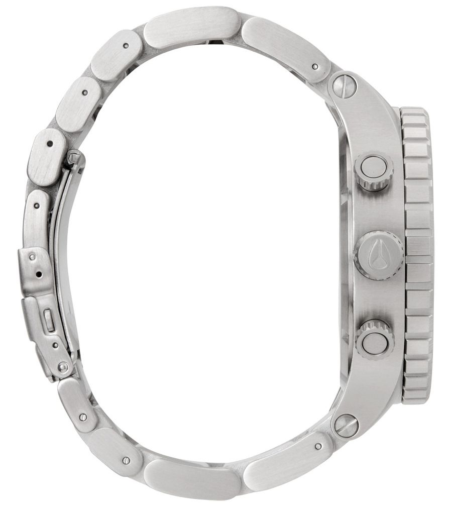 Side view of Nixon 51-30 watch showing stainless steel band and chronograph pushers