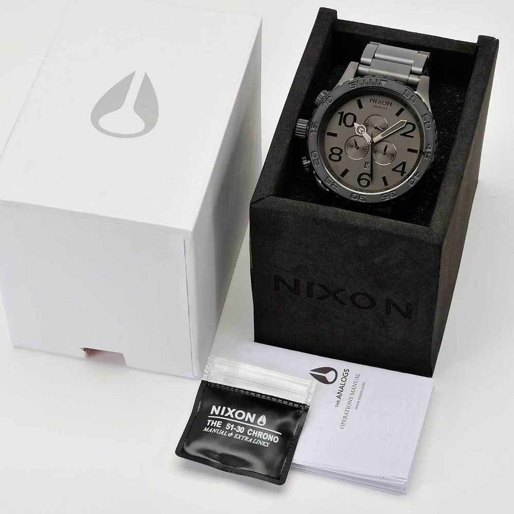 Nixon 51-30 chronograph watch packaging with white box and black watch case