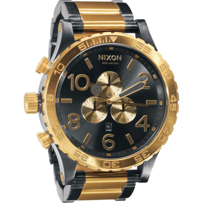 Nixon 51-30 two-tone black dial men's chronograph watch with gold and black bracelet