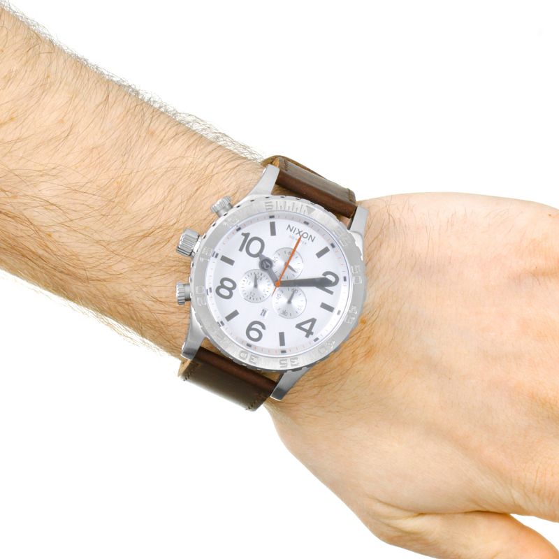 Nixon 51-30 watch on wrist showing silver dial and chronograph subdials