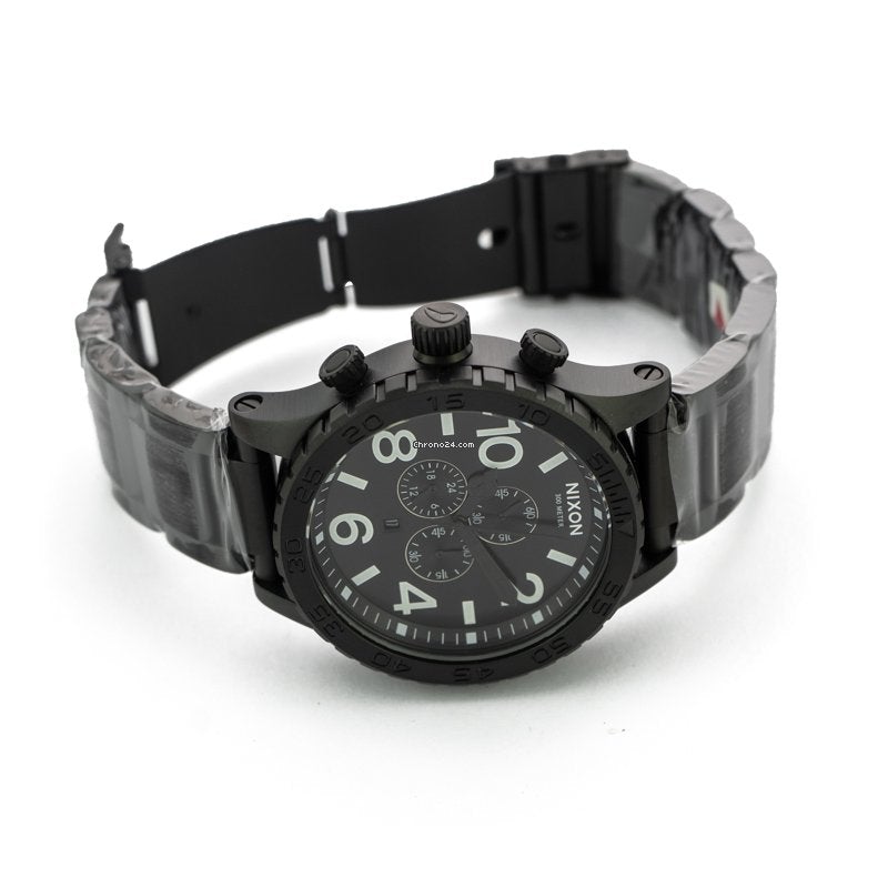 Nixon 51-30 Chrono watch shown at angle with black stainless steel bracelet