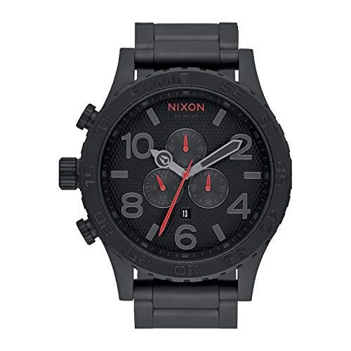 Nixon 51-30 Chrono chronograph watch front view with black case and bracelet