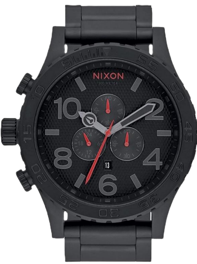 Nixon 51-30 Chrono black dial watch with red chronograph hands and numerals