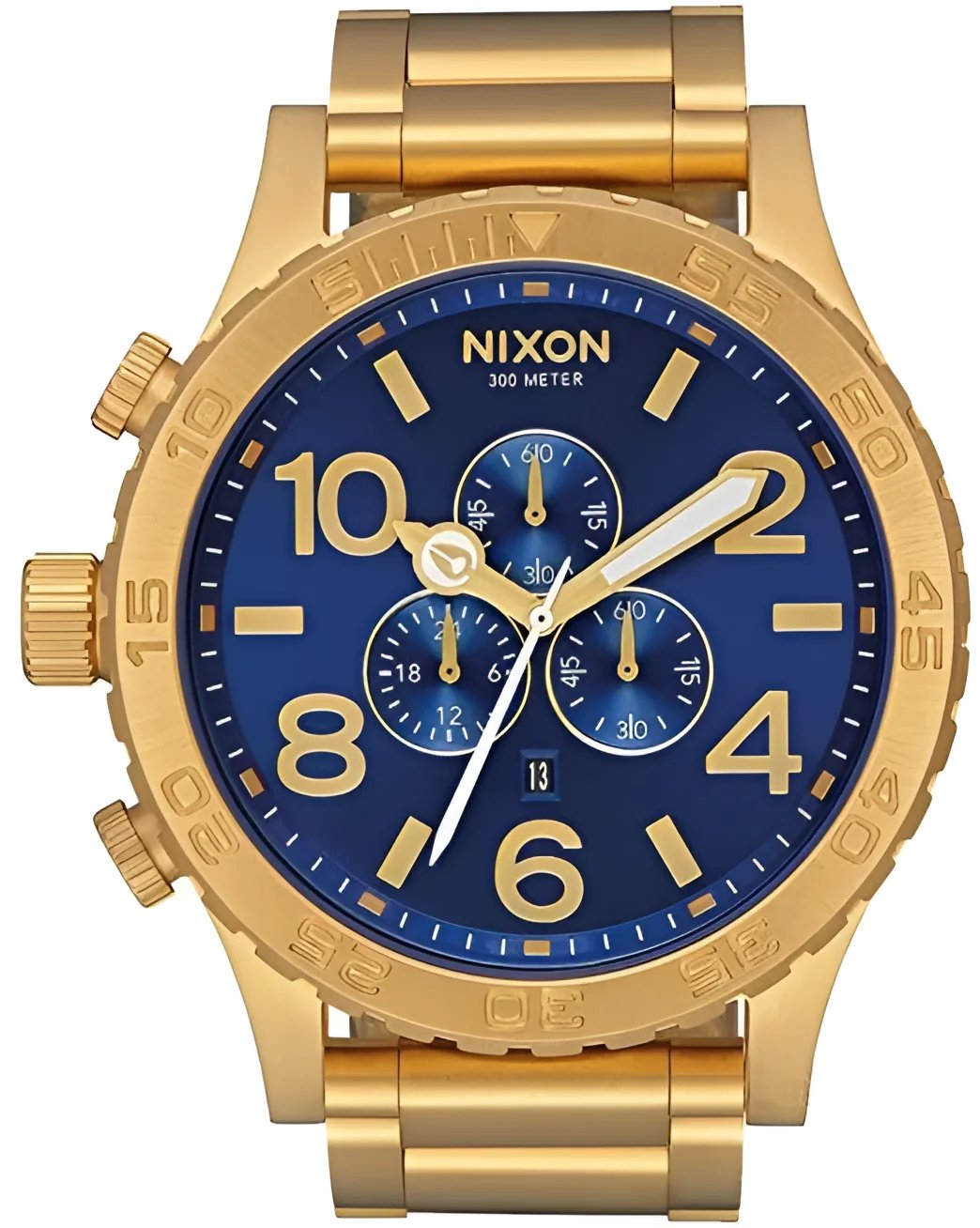 Nixon 51-30 Chrono men's watch with blue dial, gold-tone case, and gold hands with chronograph subdials
