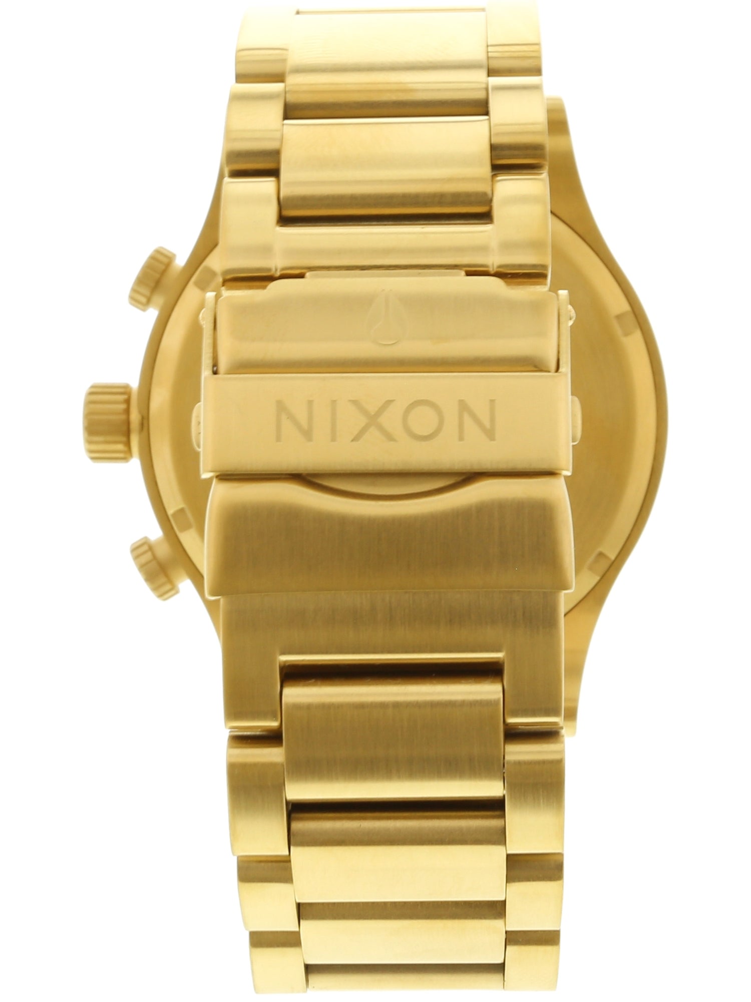 Back view of Nixon 51-30 Chrono showing gold-tone metal case back and solid link bracelet