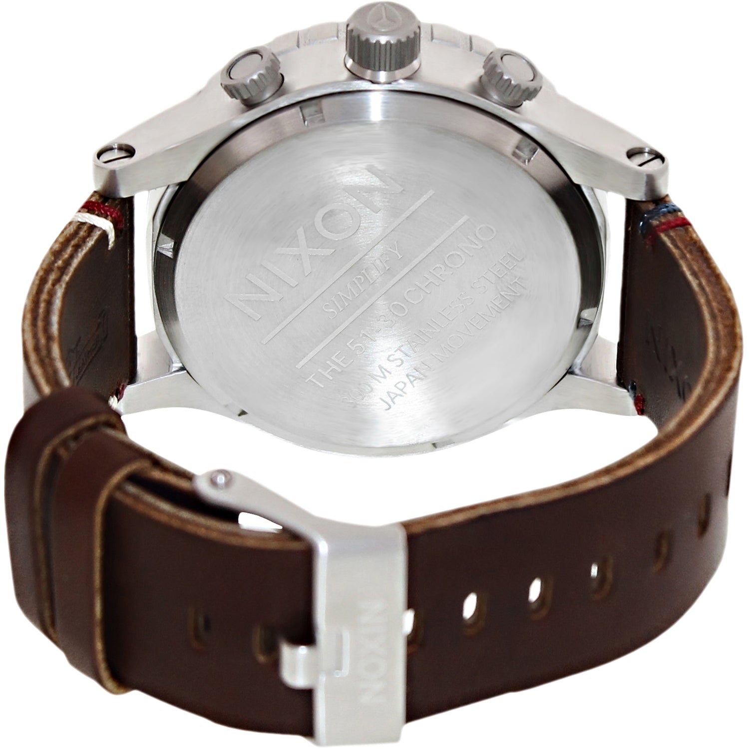 Nixon 51-30 Chrono stainless steel caseback with brown leather strap visible from rear