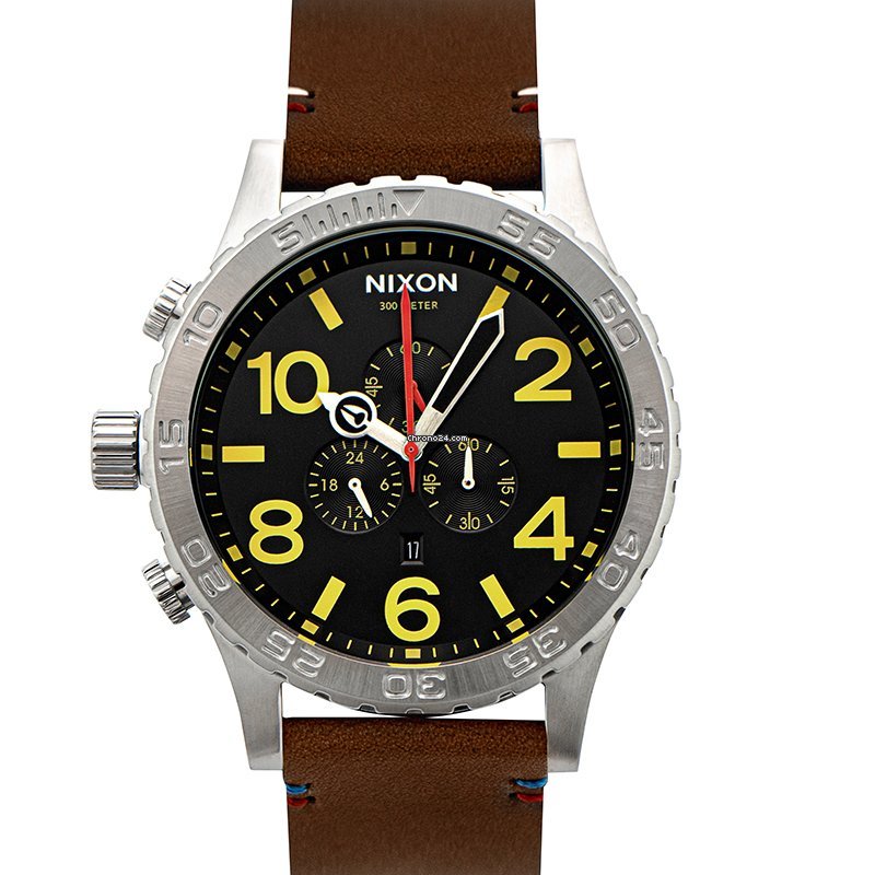 Nixon 51-30 Chrono black dial chronograph watch with yellow markers and brown leather strap