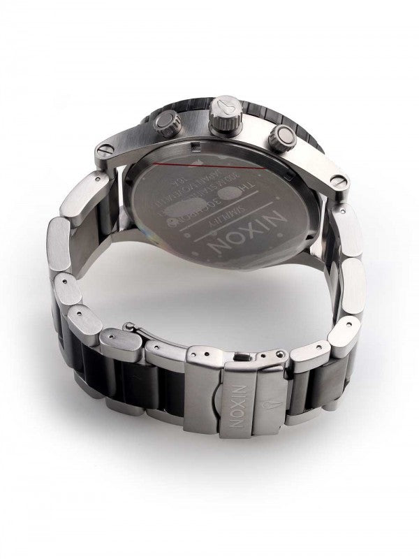 Nixon 51-30 Chronograph caseback showing silver and black metal case construction