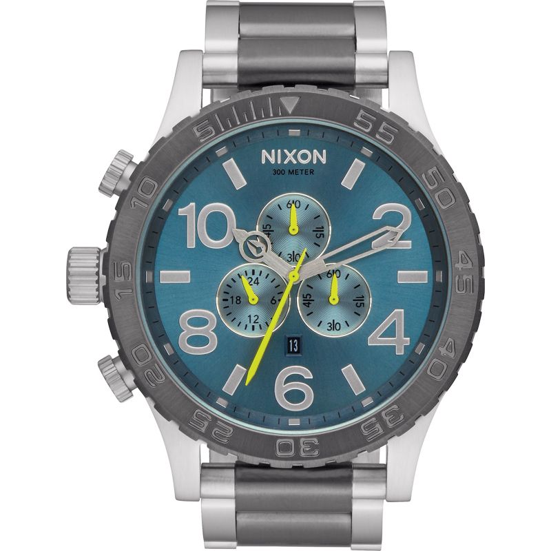 Nixon 51-30 Chronograph silver and black men's watch with blue dial and chronograph subdials
