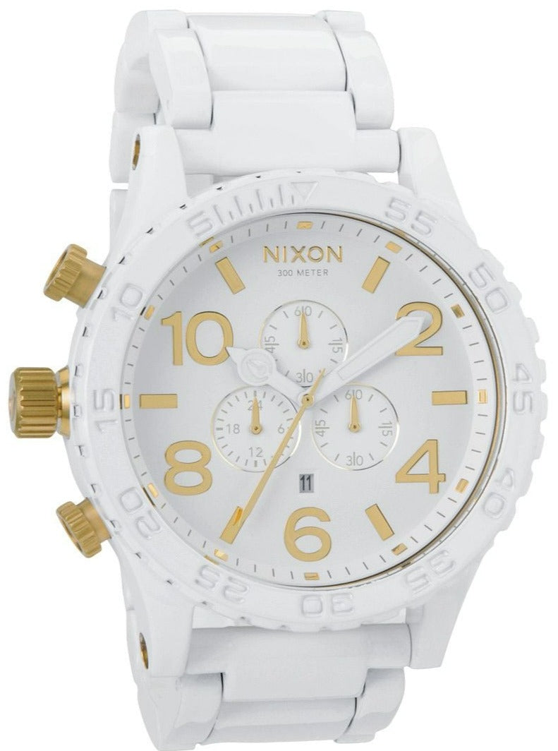 Nixon 51-30 Chronograph white ion-plated men's watch with gold subdials and gold hour markers