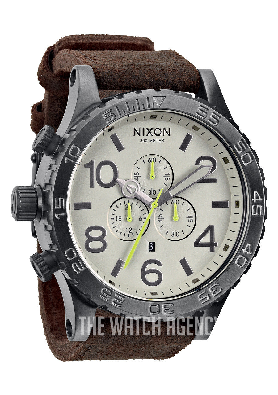 Nixon 51-30 Chrono gunmetal chronograph watch with cream dial and brown leather strap