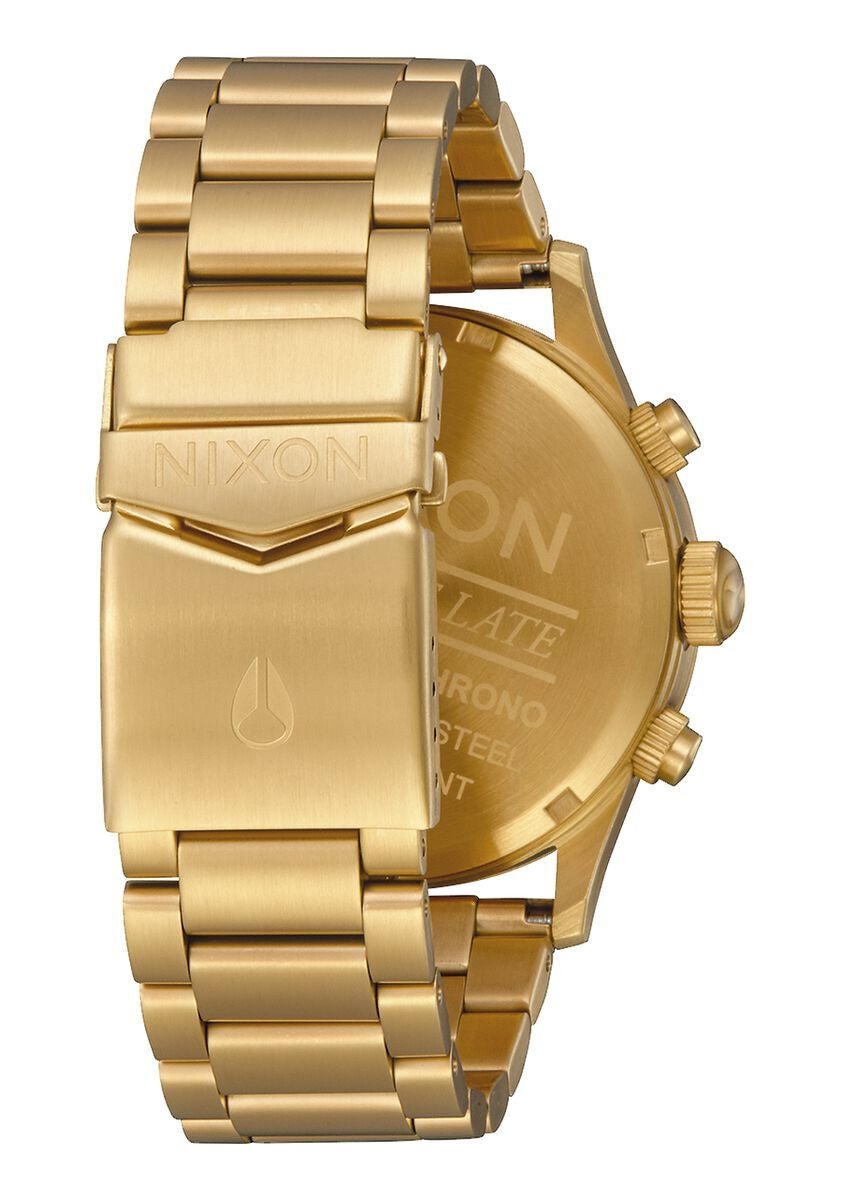 Nixon Sentry Chrono gold watch case back and side showing stainless steel construction