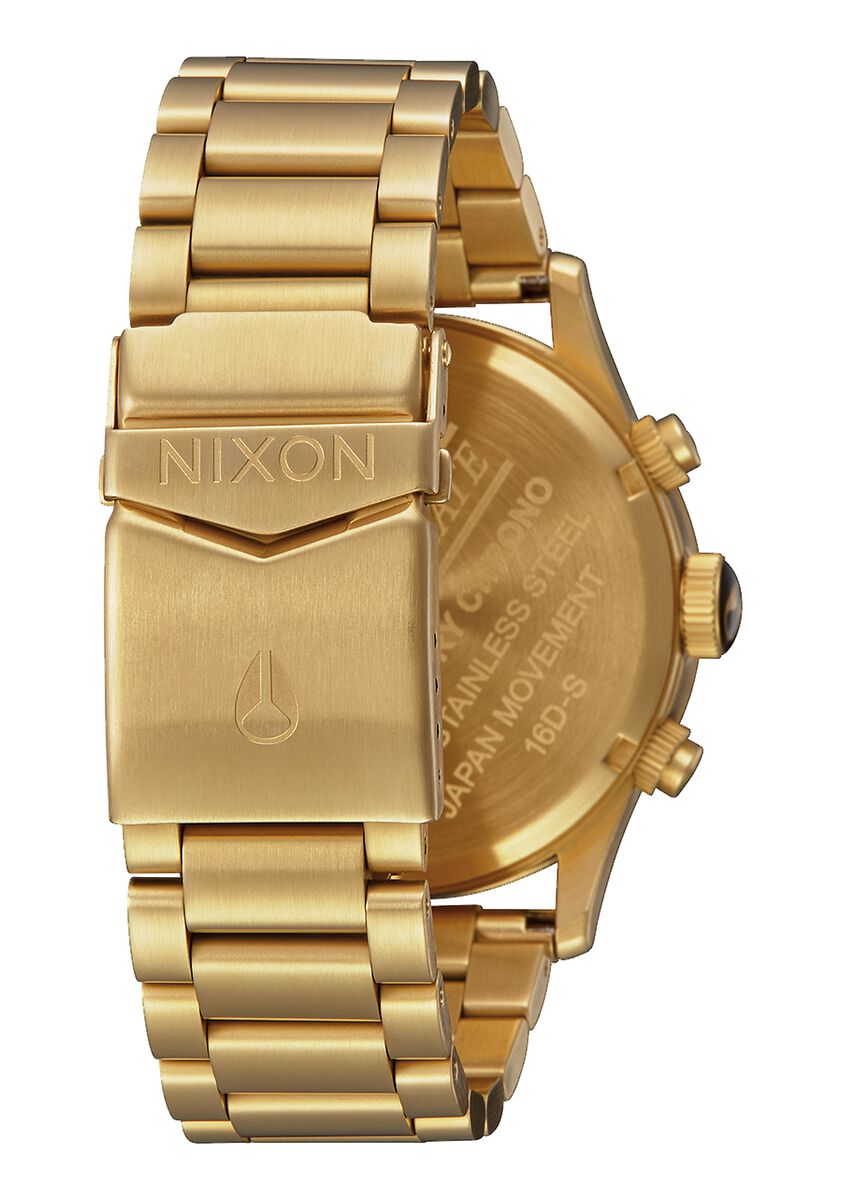 Caseback of Nixon Sentry Chrono watch displaying engraved text and movement