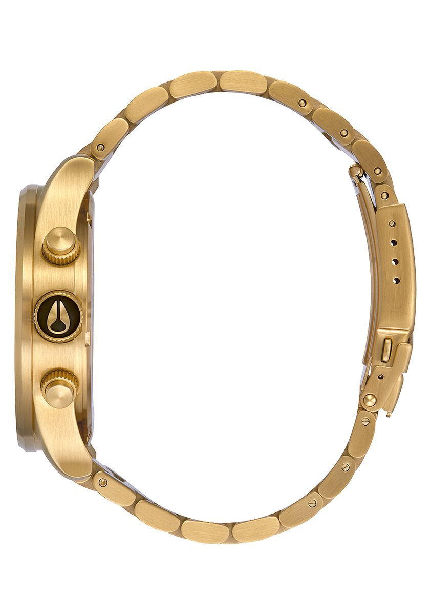 Side view of Nixon Sentry Chrono watch showing case profile and gold-tone bracelet