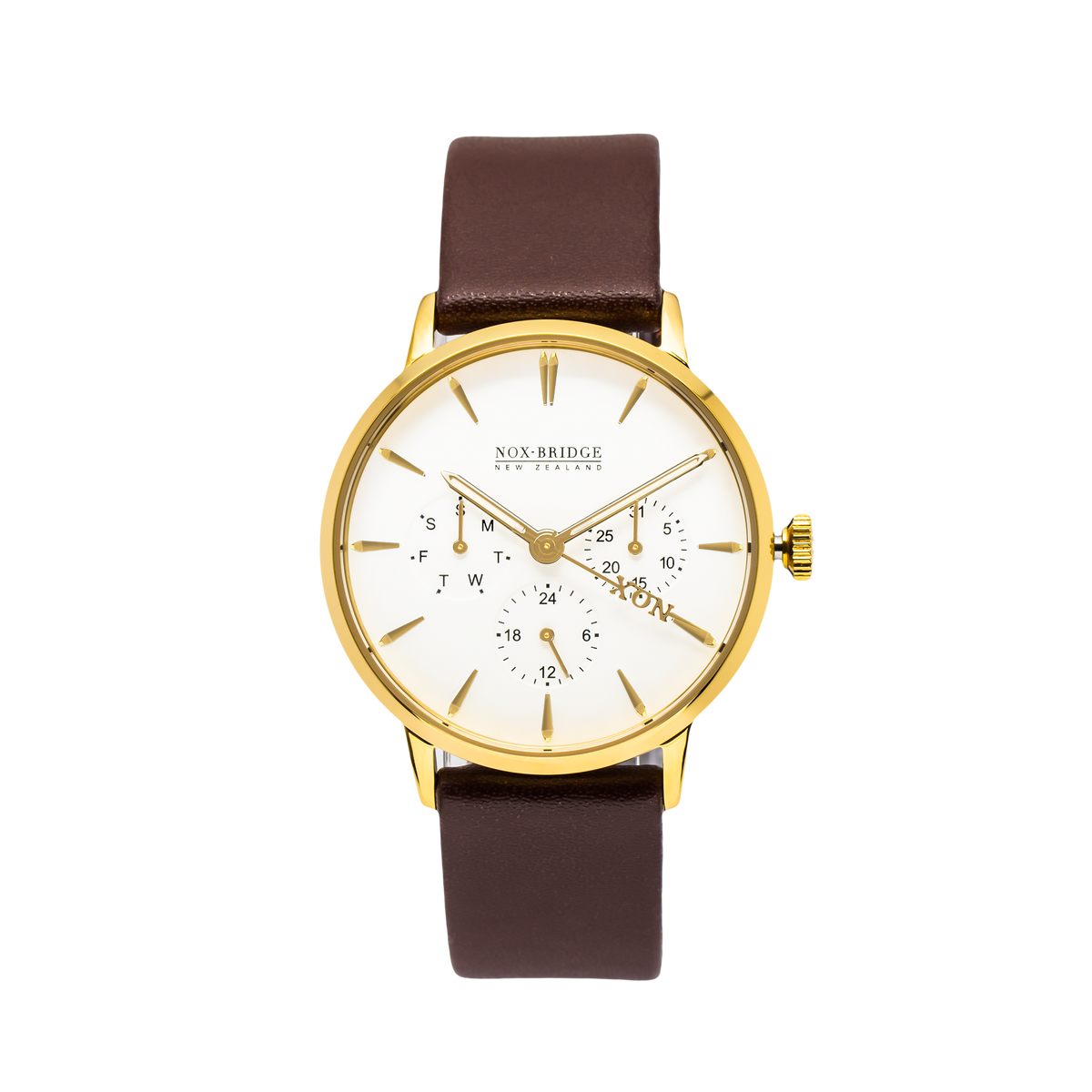 Noxbridge Classic Izar Gold 36MM watch with gold case and brown leather strap