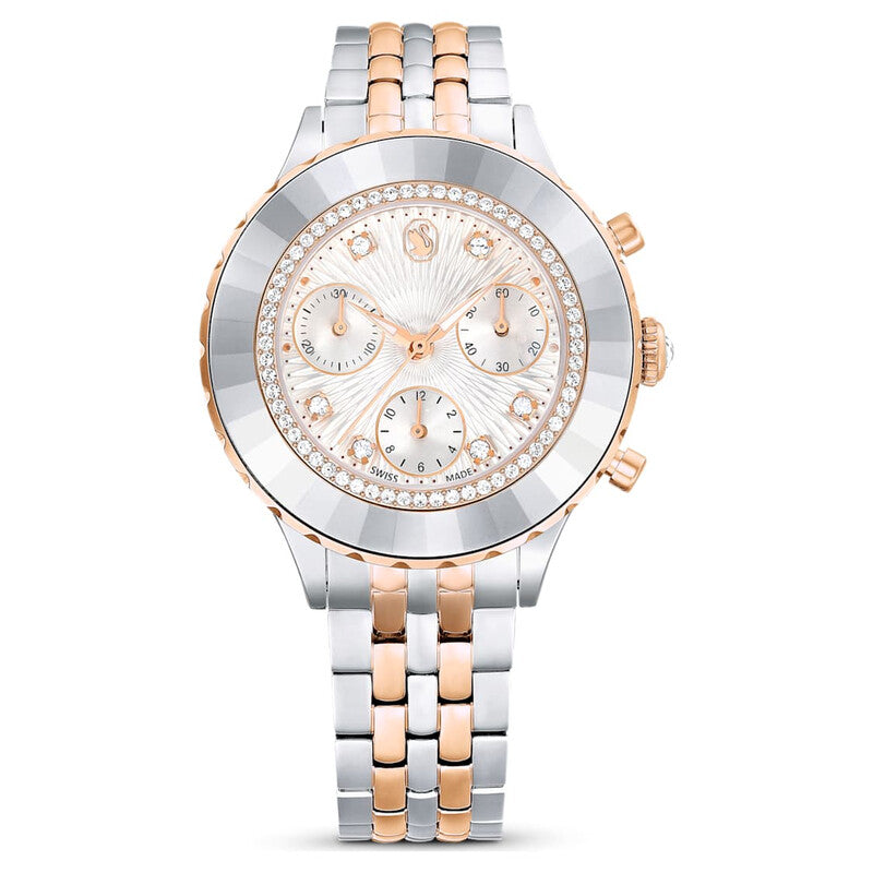 Octea Chrono watch with rose gold and silver mixed metal bracelet, white dial with diamond bezel