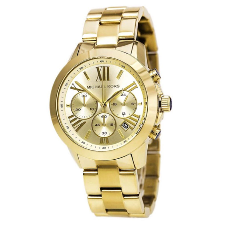 Gold-tone chronograph watch with Roman numeral dial and three subdials