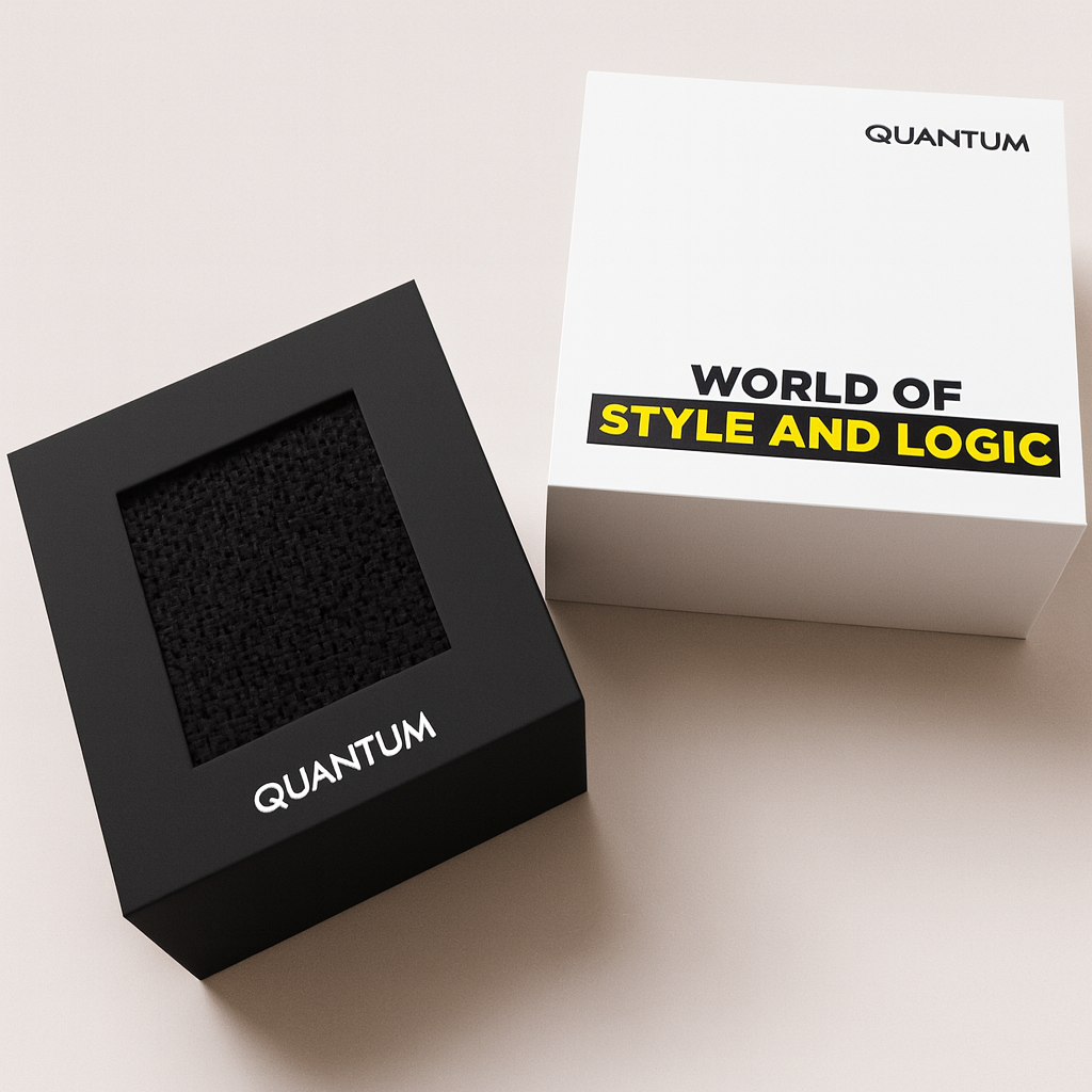 Quantum Hunter watch packaging and box with World of Style and Logic branding
