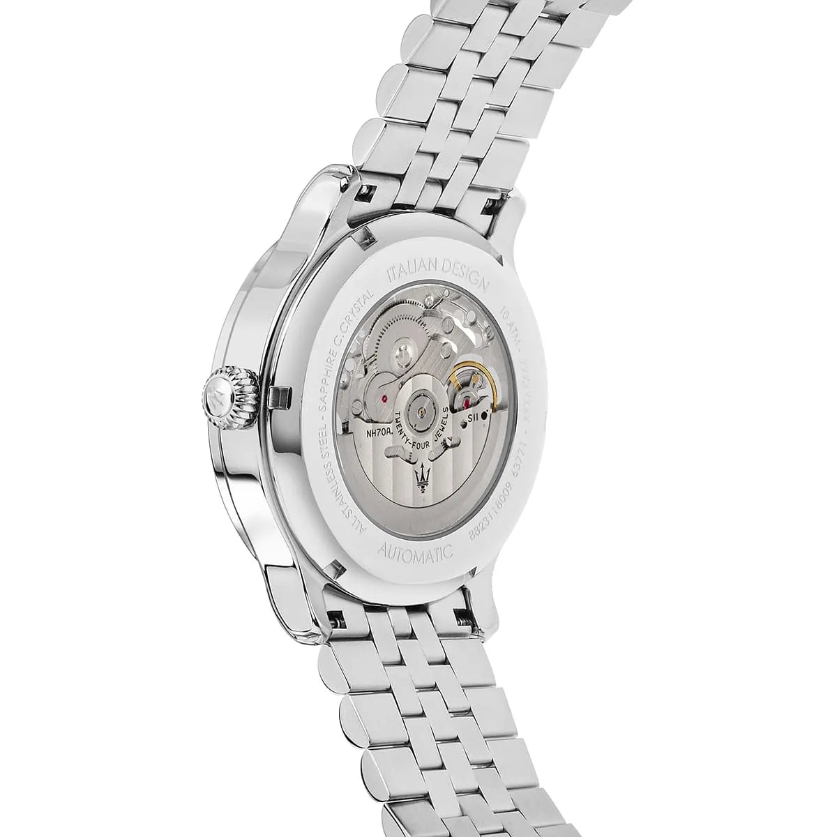 Maserati Epoca automatic watch caseback showing skeleton movement and visible gears