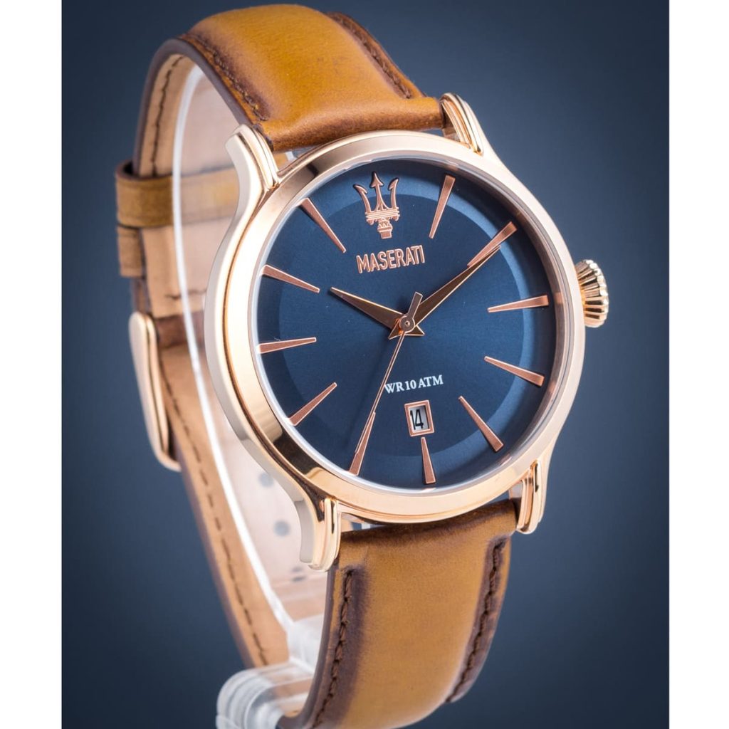 Angled view of Maserati Epoca watch with blue sunburst dial and brown leather strap