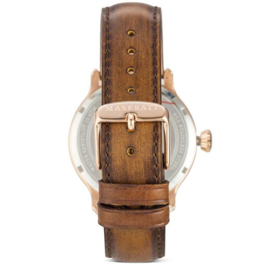 Caseback of Maserati Epoca watch showing rose gold case and brown leather strap