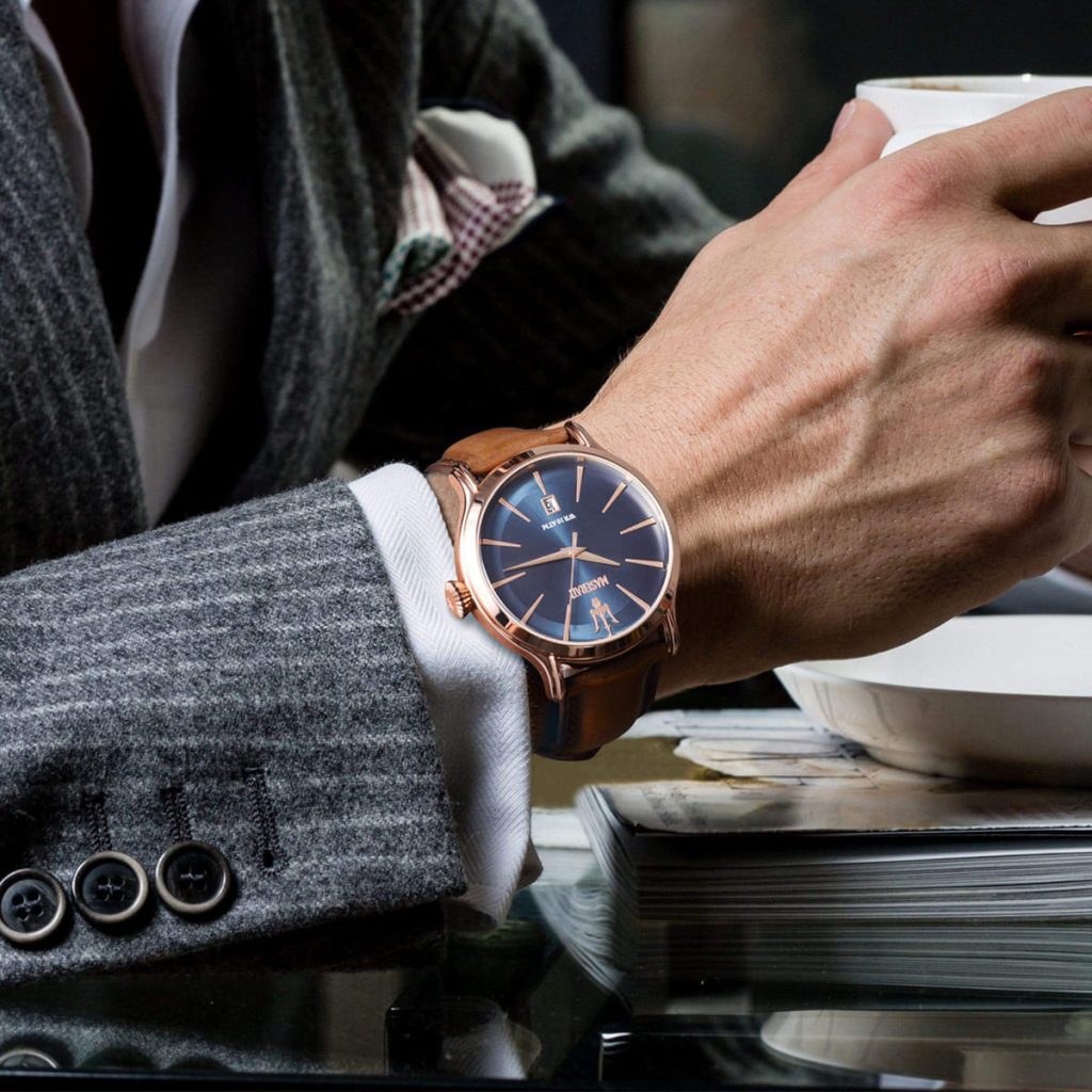Maserati Epoca watch on wrist with brown leather strap