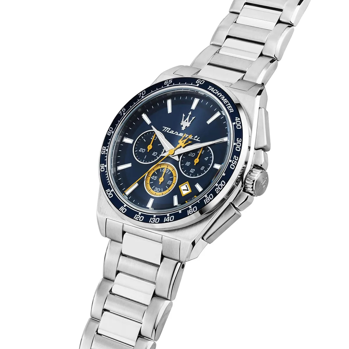 Maserati Velocitá 43mm chronograph with blue dial and gold subdials on stainless steel bracelet