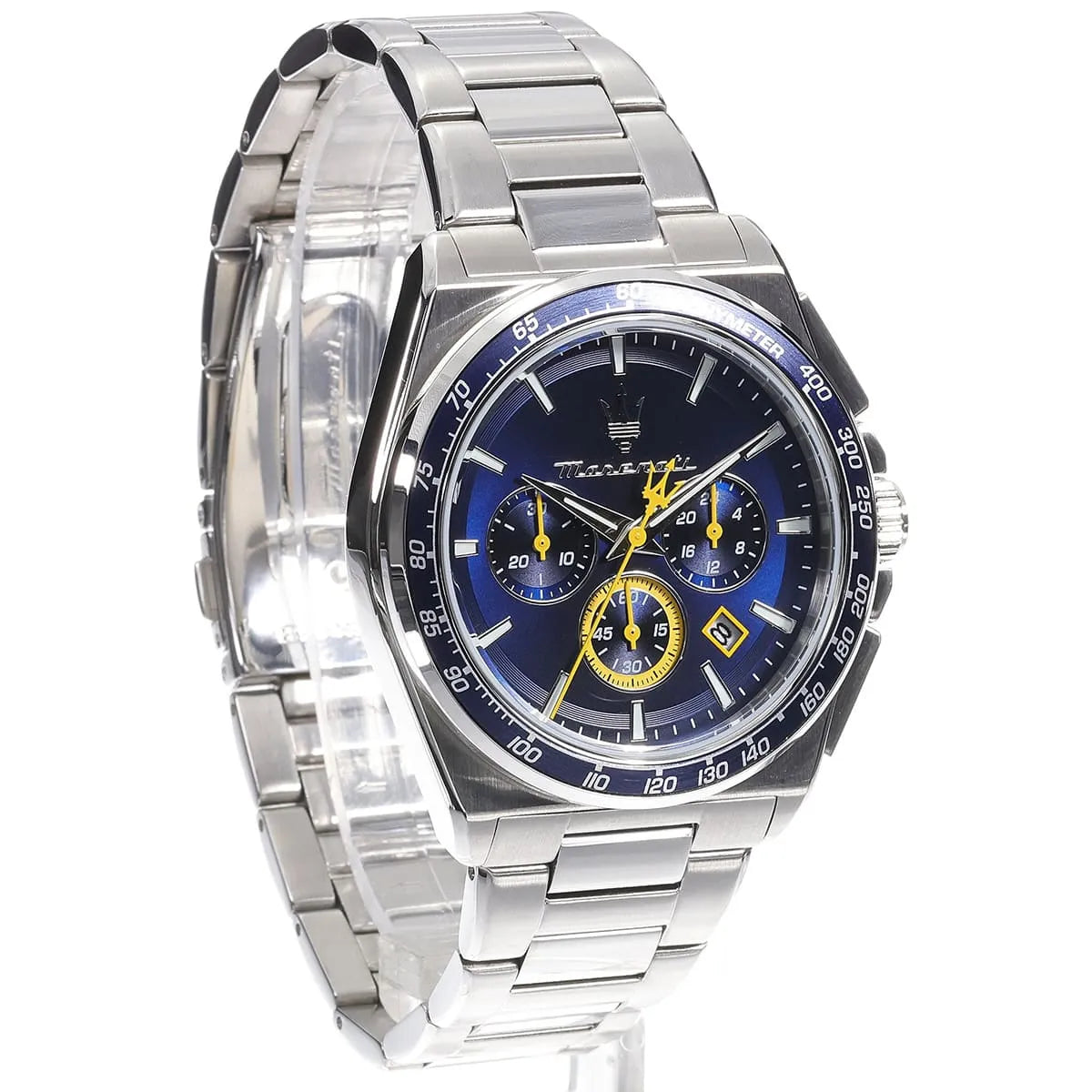 Maserati Velocitá watch with blue dial and chronograph subdials with tachymeter scale