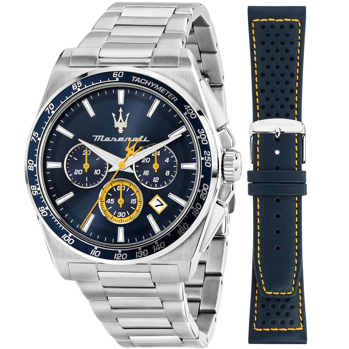 Maserati Velocitá quartz chronograph watch with blue dial and tachymeter bezel, includes metal bracelet and blue leather strap