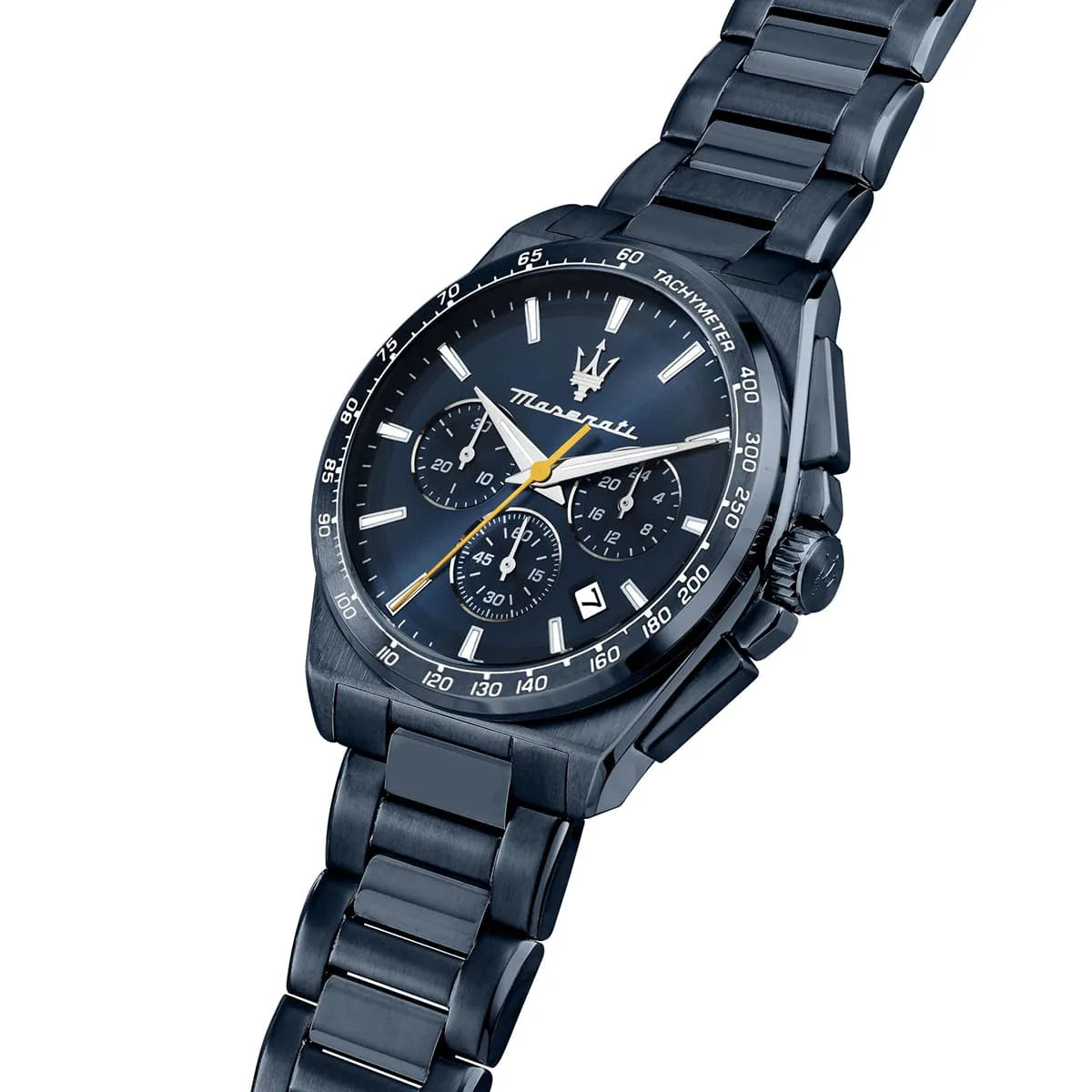 Maserati Velocità chronograph at angle showing dial and metal bracelet