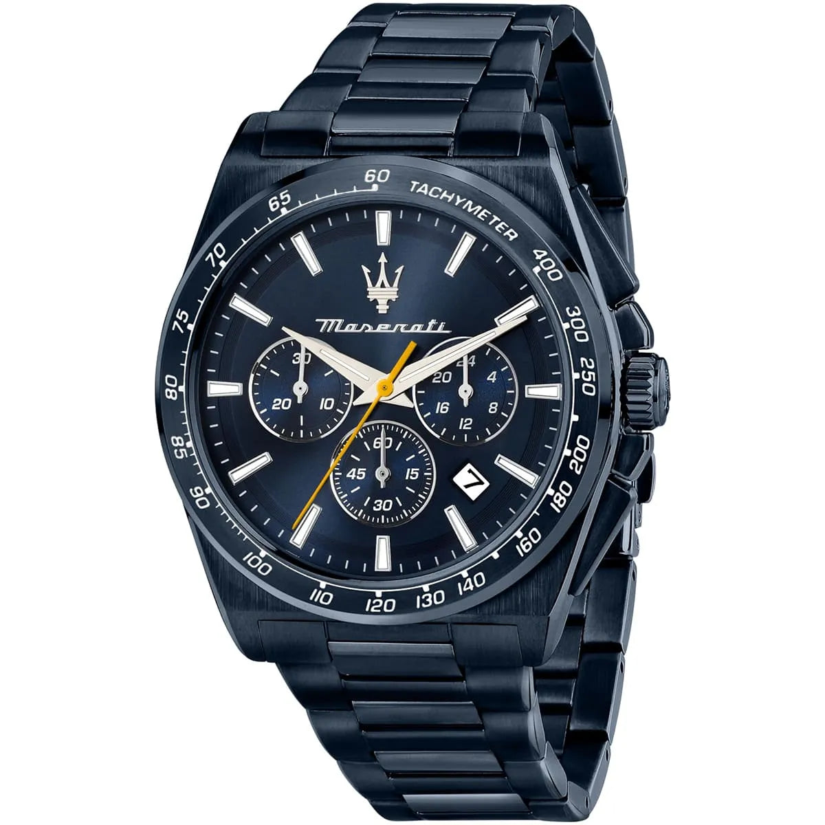 Maserati Velocità chronograph watch with blue dial and metal bracelet