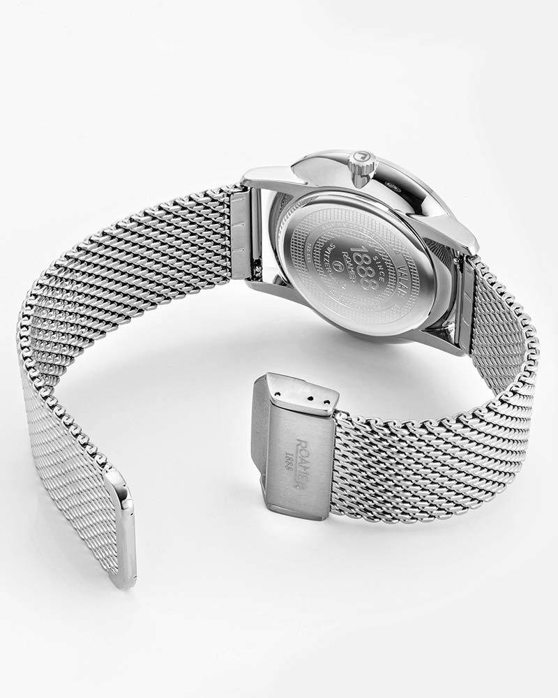Roamer Valais watch caseback and mesh strap detail