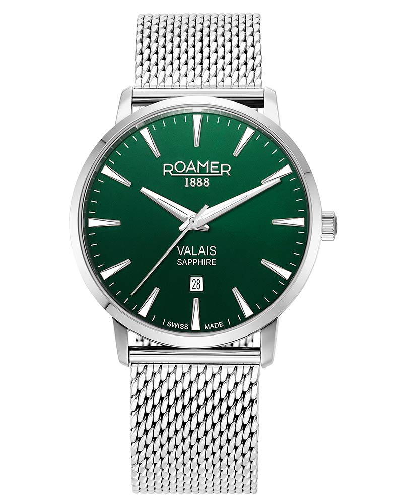 Roamer Valais watch with green dial and stainless steel mesh strap