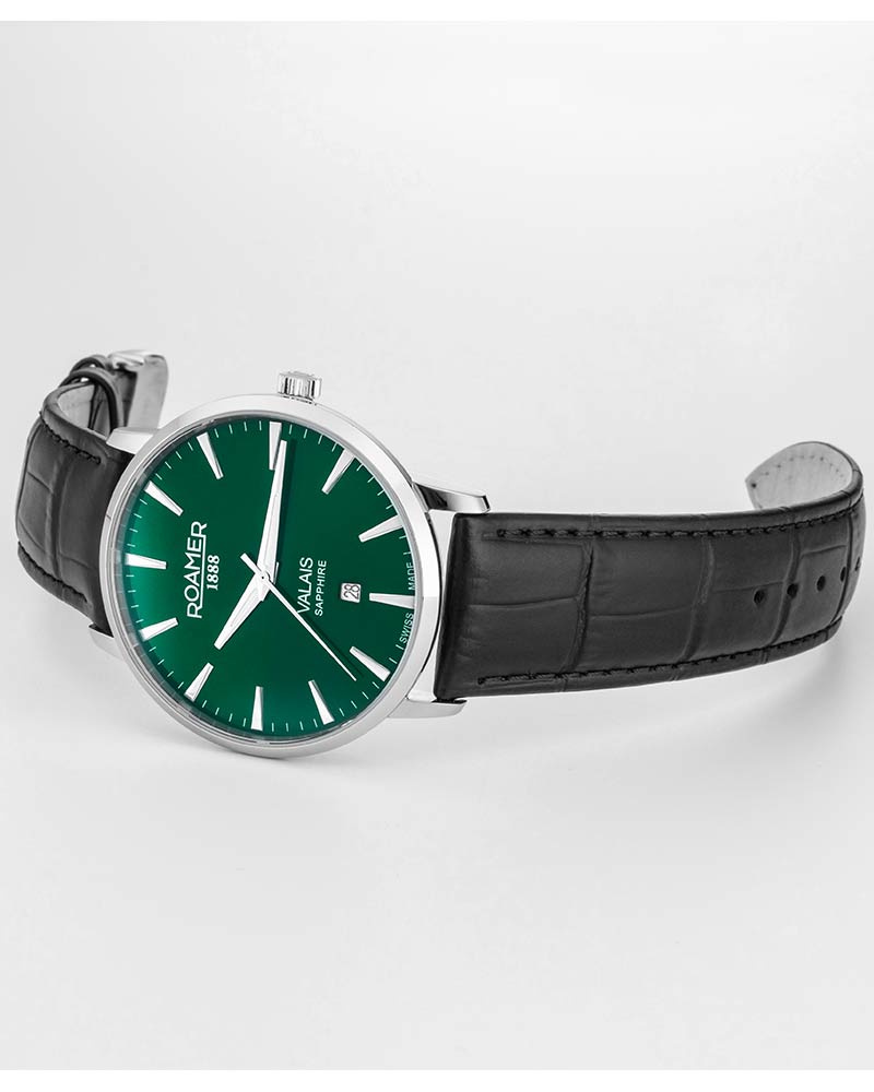 Roamer Valais watch side profile with black leather strap