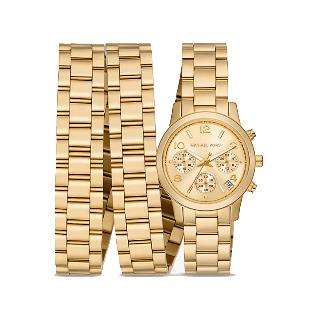 Runway 18K gold-plated stainless steel triple wrap watch with chronograph dial and gold metal bracelet