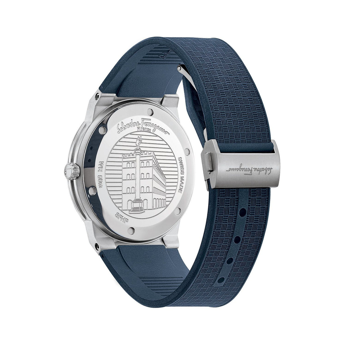 Caseback showing Salvatore Ferragamo engraving and architectural Gancini motif design