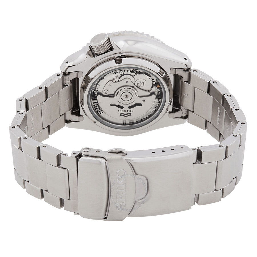 Seiko 5 Sports caseback showing automatic movement visible through transparent display case