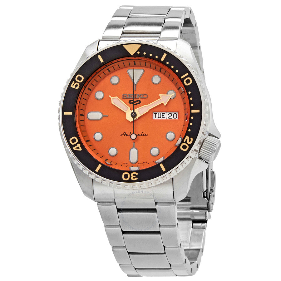 Seiko 5 Sports SRPD59K1 with orange dial, stainless steel bracelet and black bezel