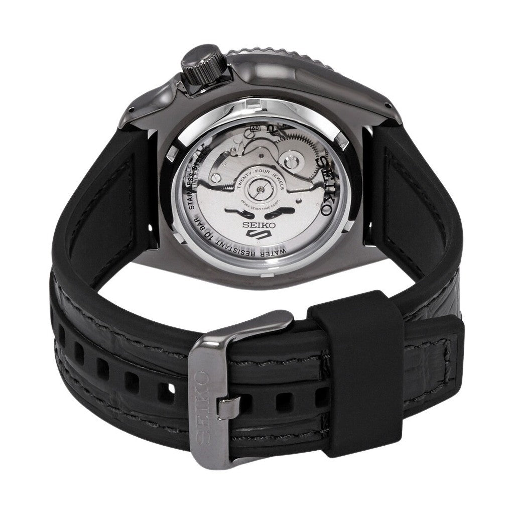 Seiko 5 Sports SRPD65K3 caseback showing automatic movement and black leather strap