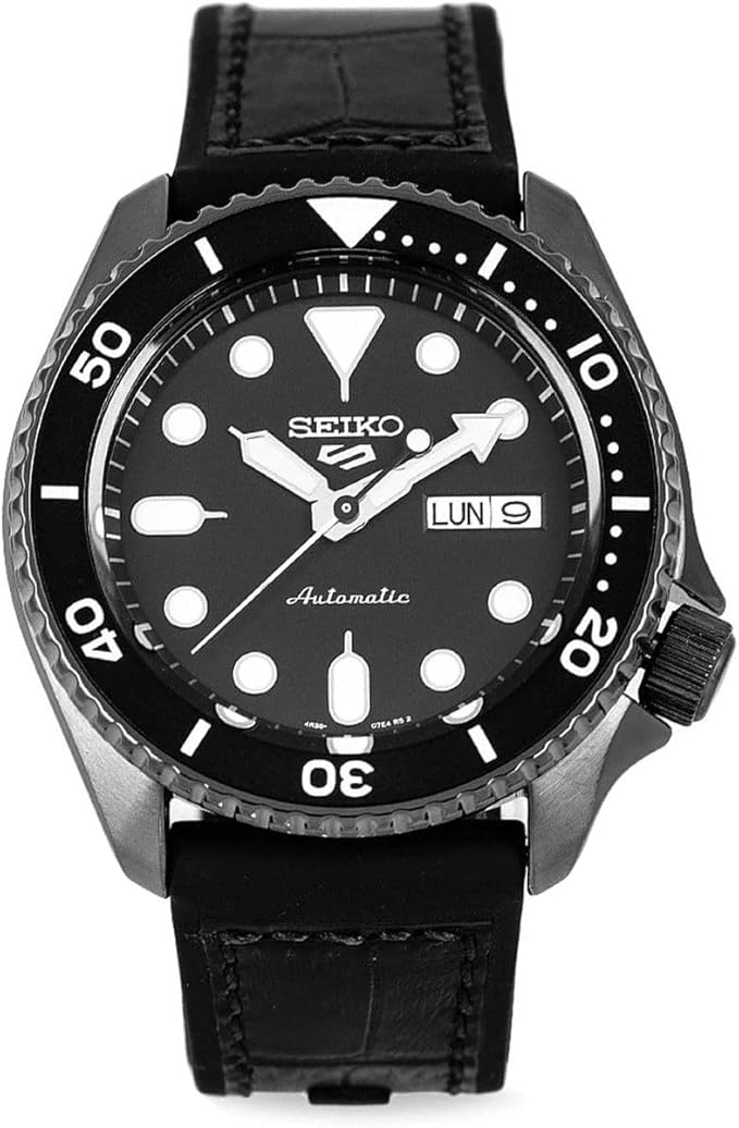 Seiko 5 Sports gun metal automatic watch with black dial and white markers