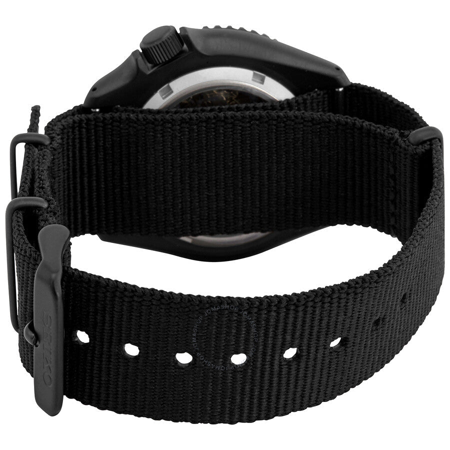 Seiko 5 Sports SRPD79K1 black fabric NATO-style strap with keeper and buckle
