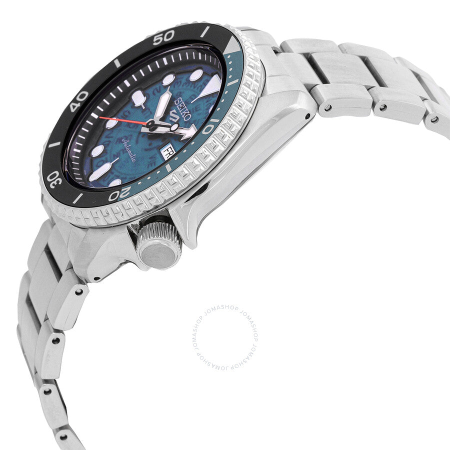 Side angled view of Seiko 5 Sports watch showing teal dial, rotating bezel, and steel bracelet