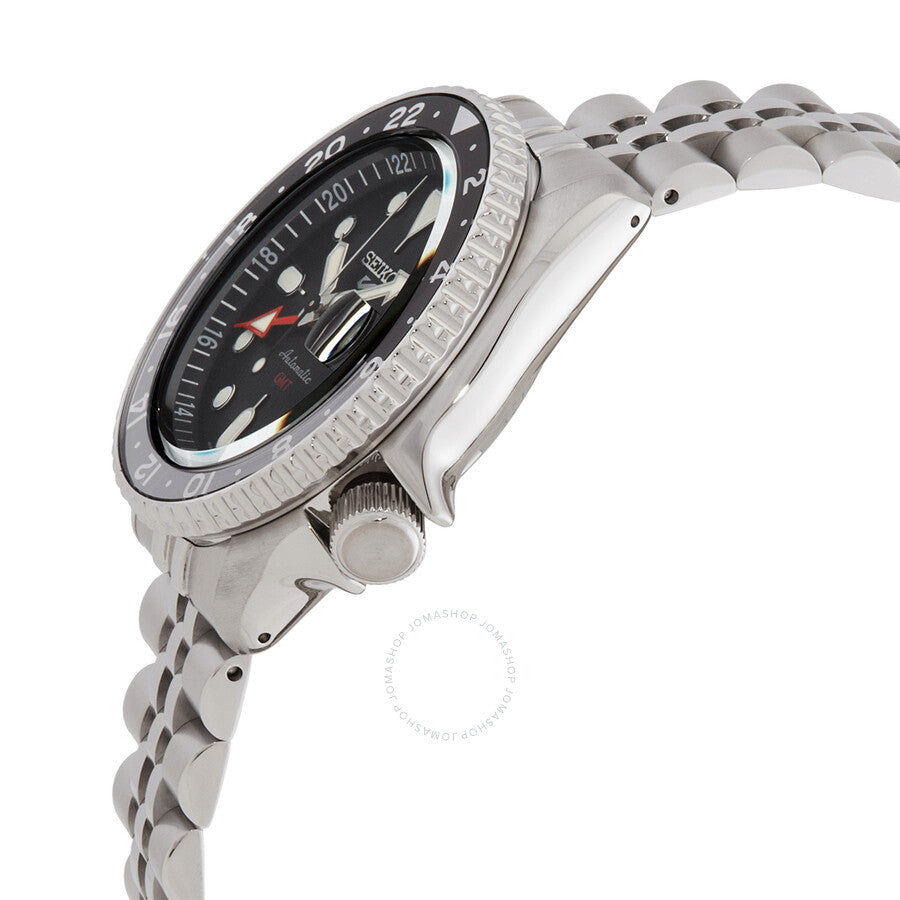 Side profile of Seiko 5 Sports showing case, crown, and stainless steel bracelet