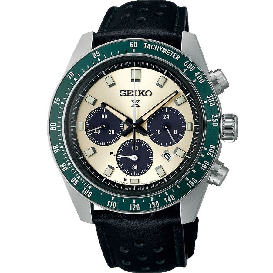 Seiko Prospex Speedtimer chronograph with cream dial, green tachymeter bezel, and black leather strap