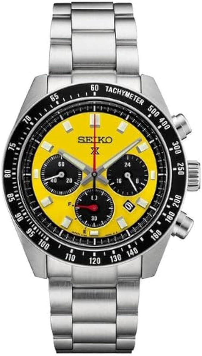 Seiko SSC929 silver men's chronograph watch with yellow dial and black subdials