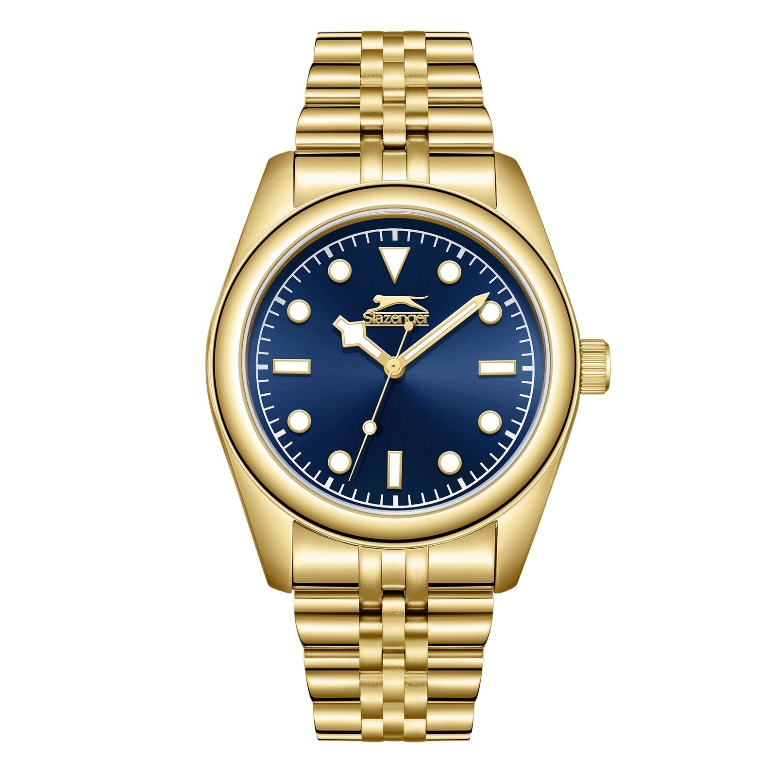Slazenger gold watch with navy blue dial and three hands, front view