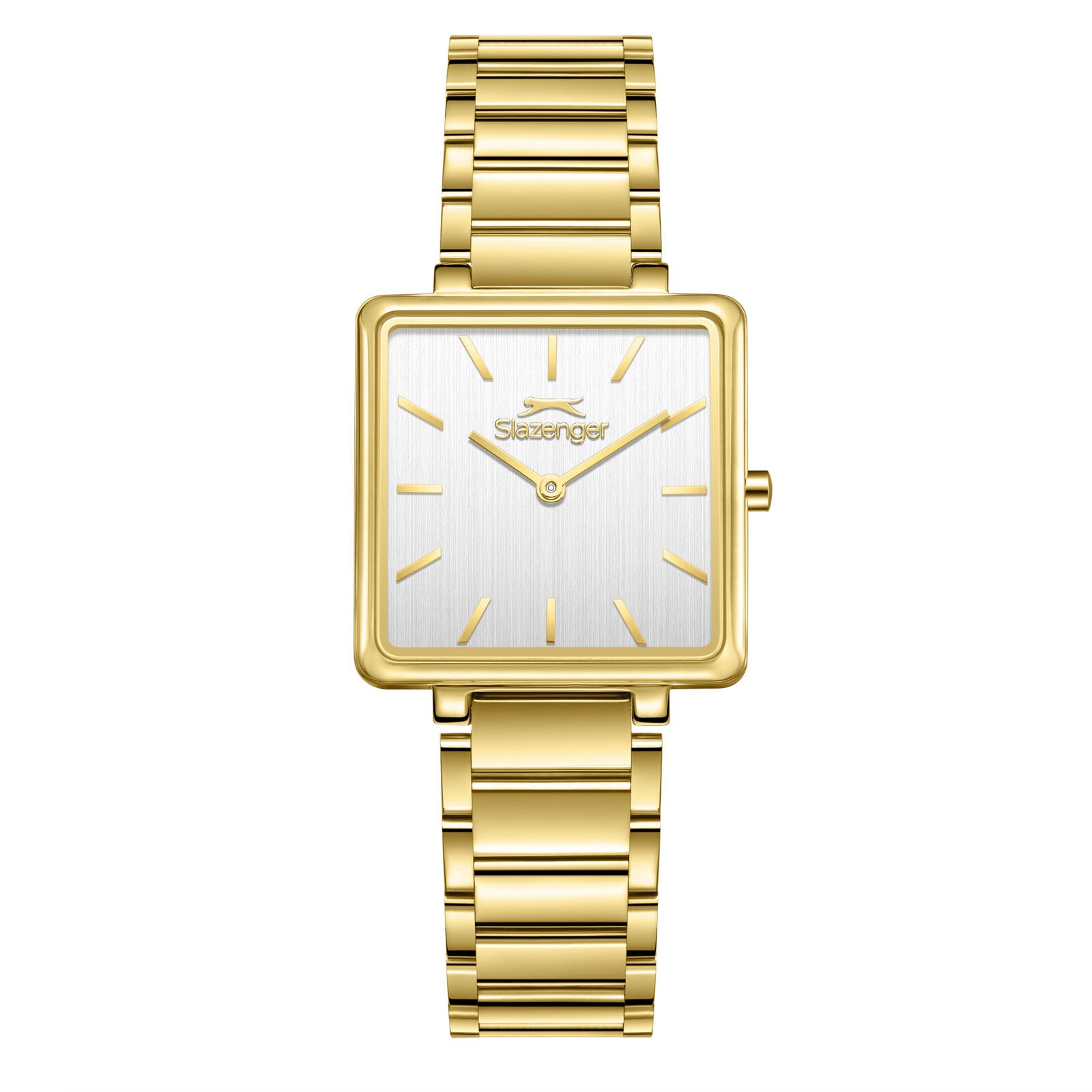 Slazenger gold square tank watch with white dial and gold bracelet strap