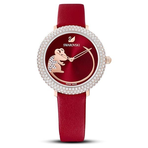 Swarovski 5519226 ladies watch with red leather strap and crystal-adorned bezel