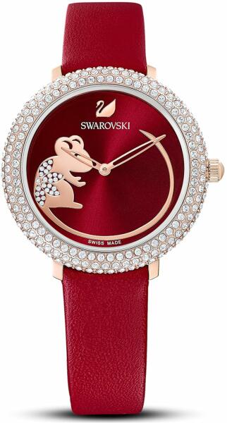 Swarovski Crystal Frost watch with red dial, crystal-set bezel, and red leather strap